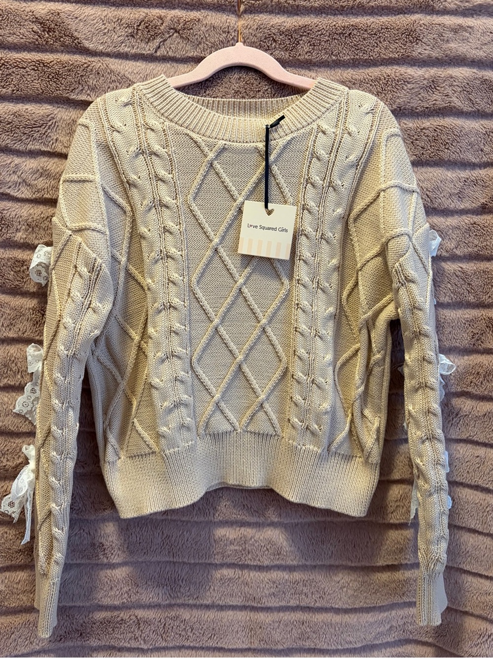 Love Squared Cream Cable Lace-Up Sleeve Sweater